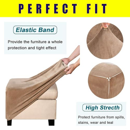 Square Ottoman Cover 14-44 Inch Stretch Checked Slipcover with Elastic - Camel 14/35x35cm