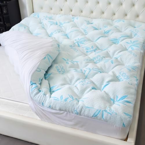 Queen Blue Memory Foam Mattress Topper with Cooling Bamboo Cover - 4 Inch
