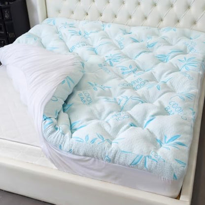Queen Blue Memory Foam Mattress Topper with Cooling Bamboo Cover - 4 Inch