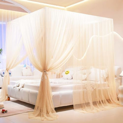 Princess Canopy Bed Curtains Mosquito Net for Single & Queen Beds - Cozy Drape Netting with 4 Openings