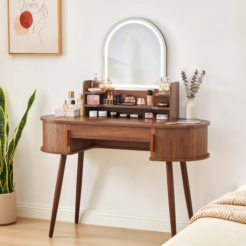 43" Walnut Makeup Vanity Desk with LED Arched Mirror, Storage & Lights - 17.71"D x 43.3"W x 54.72"H