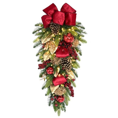 Pre-Lit Christmas Swag with Decorated Greenery and Warm White LED Lights - 28 inch
