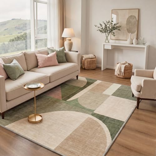 Sage Beige 8x10 Washable Area Rug - Mid Century Modern Green Abstract Rug for Bedroom