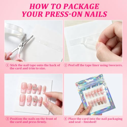 Medium Holographic Nail Packaging Bags Set with Double-Sided Tape and Cardboard - 50 Pieces