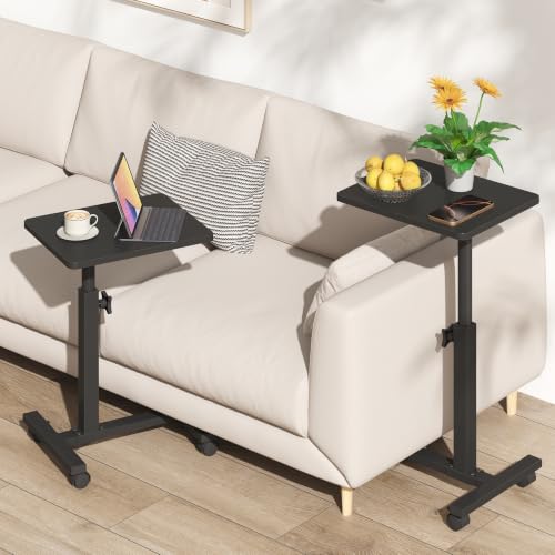 Black Adjustable Height End Table with Casters for Small Spaces