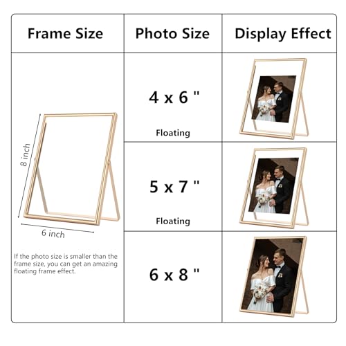 Gold 6x8 Inch Floating Photo Frame 2 Pack - Adjustable Tabletop & Wall Decor