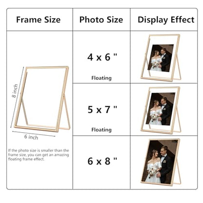 Gold 6x8 Inch Floating Photo Frame 2 Pack - Adjustable Tabletop & Wall Decor