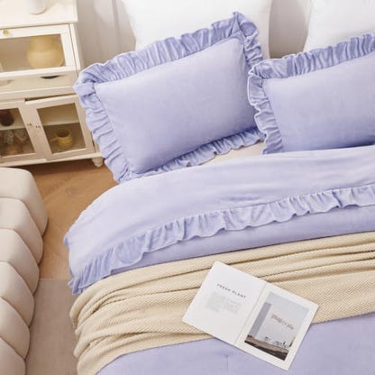 Purple Full Size Fluffy Faux Fur Comforter Set for Girls - Lavender Bedding with Ruffled Edges