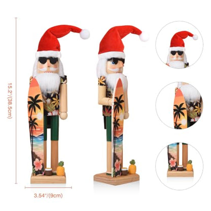15 Inch Santa Nutcracker Wooden Holiday Decor with Tropical Hawaiian Style