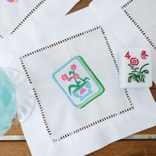 Set of 4 Mahjong Embroidered Cotton Cocktail Napkins - 6x6 Inches, Reusable & Eco-Friendly Table Decor