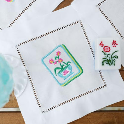 Set of 4 Mahjong Embroidered Cotton Cocktail Napkins - 6x6 Inches, Reusable & Eco-Friendly Table Decor