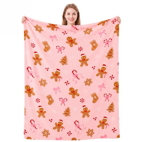 Pink Gingerbread Man Throw Blanket - 50x60 Fuzzy Flannel Xmas Decor