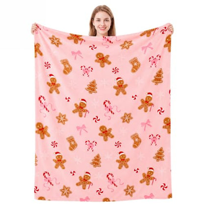 Pink Gingerbread Man Throw Blanket - 50x60 Fuzzy Flannel Xmas Decor