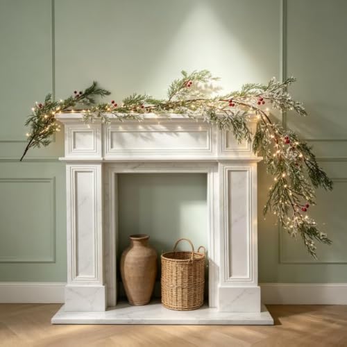 Pre-Lit Christmas Cedar Garland with Red Berries 6ft with Timer, Indoor Holiday Decor