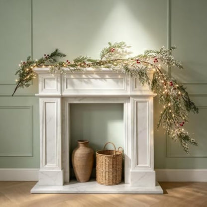 Pre-Lit Christmas Cedar Garland with Red Berries 6ft with Timer, Indoor Holiday Decor