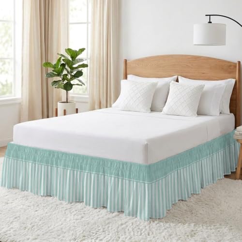 Queen Size Teal Green Striped Bed Skirt - 16 Inch Drop, Adjustable Elastic Dust Ruffle