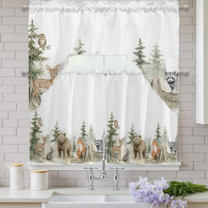 Forest Green Bear Deer Fox Rabbit 3-Piece Swag Kitchen Curtain Set - Rustic Animal Window Valances & Tiers