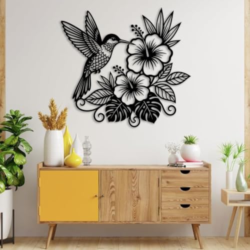 Black Metal Hummingbird Hibiscus Flower Wall Art - Tropical Garden Decor