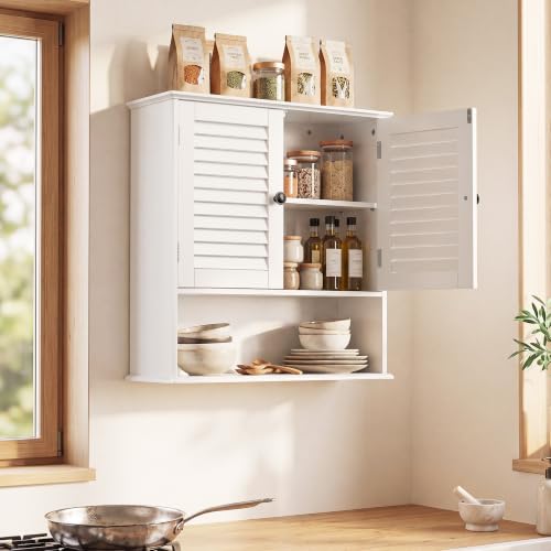 Wall Mounted Bathroom Cabinet with Louvered Doors - 23.6x8.27x24.8 Inches, White Rustic Style with Adjustable Shelf - Variation of 8.27"D x 23.62"W x 24.8"H