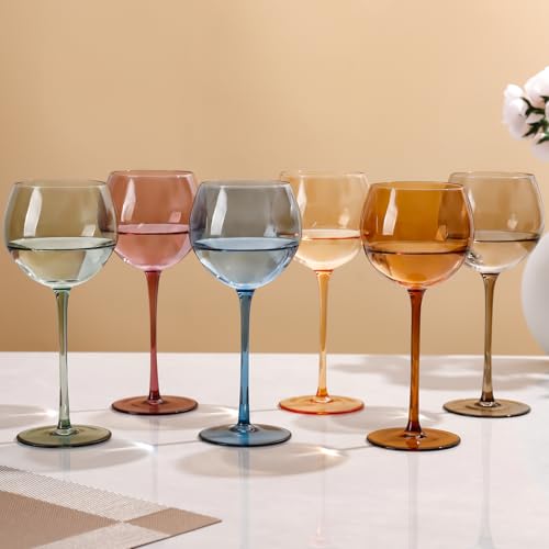 Multicolour Balloon Colored Wine Glasses Set of 6 - 15oz Hand Blown Crystal Stemware for Weddings & Parties