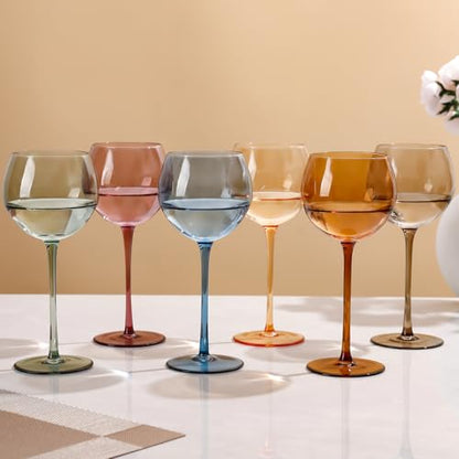 Multicolour Balloon Colored Wine Glasses Set of 6 - 15oz Hand Blown Crystal Stemware for Weddings & Parties
