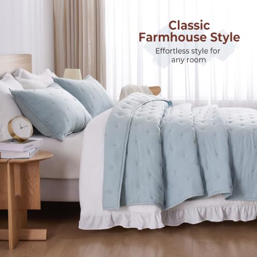 Blue King Quilt Set - Lightweight Soft Bedspread with Pillow Shams - Blue Stitch