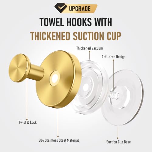 Brushed Gold Suction Cup Hooks for Shower Bathroom Towel Hooks 2 Pack