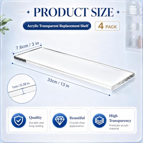 4 Pack Acrylic Medicine Cabinet Shelves - 13" L x 3" W, Universal Fit