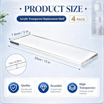 4 Pack Acrylic Medicine Cabinet Shelves - 13" L x 3" W, Universal Fit
