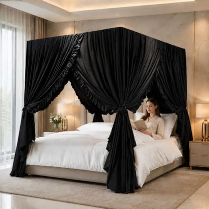 King Size Black Canopy Bed Curtains - Lightproof Privacy Bedroom Decor with 4 Openings - Pack of 4