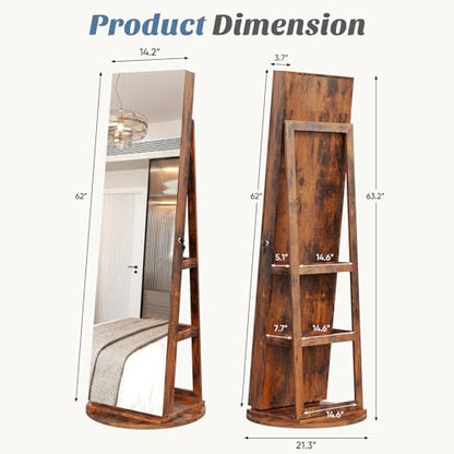 OLIXIS 360° Swivel Jewelry Cabinet with Light & Lockable Full Length Mirror - Brown
