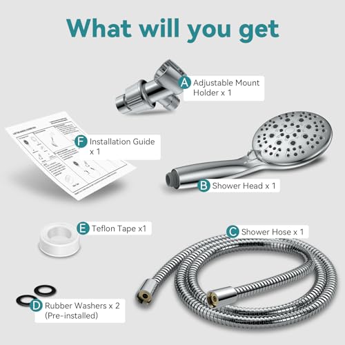 JDO High Pressure Handheld Shower Head - Silver, 6 Spray Modes