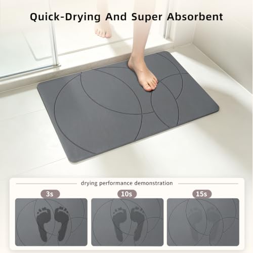Stone Bath Mat 16 x 24 Inch Gray Diatomaceous Earth Non-Slip Bathroom Rug