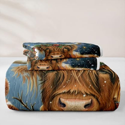 Christmas Highland Cattle King Quilt Bedding Set - White & Brown, 3 Pieces