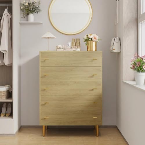 5-Drawer Dresser for Bedroom, 44" Wide, Natural Wood Grain with Gold Handles (31.5"D x 15.6"W x 43.2"H) — 5 Deep Drawers