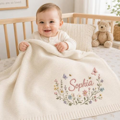 Personalized Floral Wreath Baby Blanket with Name Embroidery - Style 1