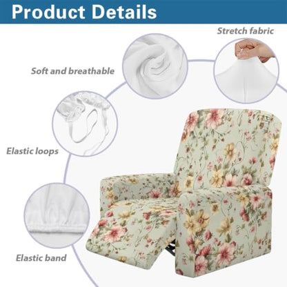 Vintage Floral Recliner Chair Covers 4-Piece Non-Slip Washable Protectors with Side Pockets
