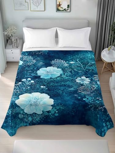 Twin XL Flat Sheet Navy Floral Microfiber Bed Sheets 66x102
