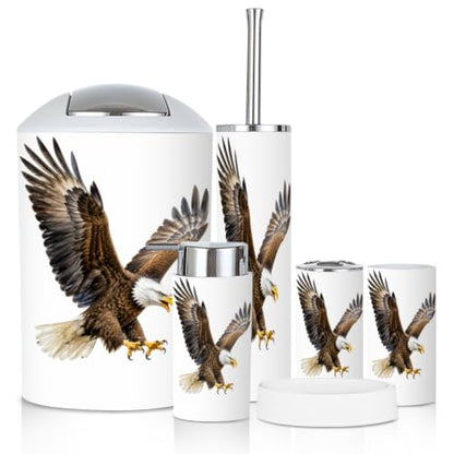 Bathroom Accessory Set 6PCS Bald Eagle Watercolor Bird White Head & Tailed - Multi4