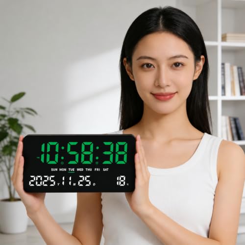 Digital Wall Clock 11'' LED Display - Large Screen, Night Mode, Green-White