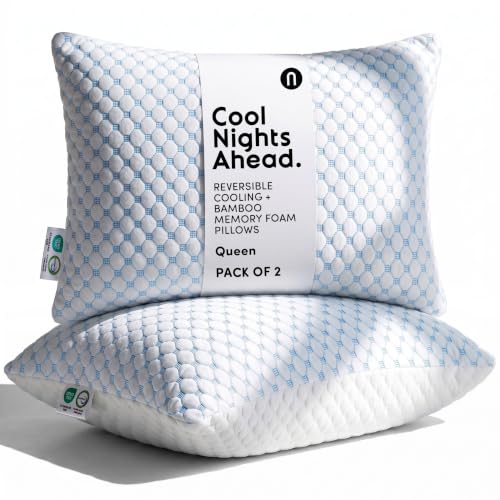 Nestl Cooling Memory Foam Pillow Queen 2-Pack - White / Blue, Adjustable Loft