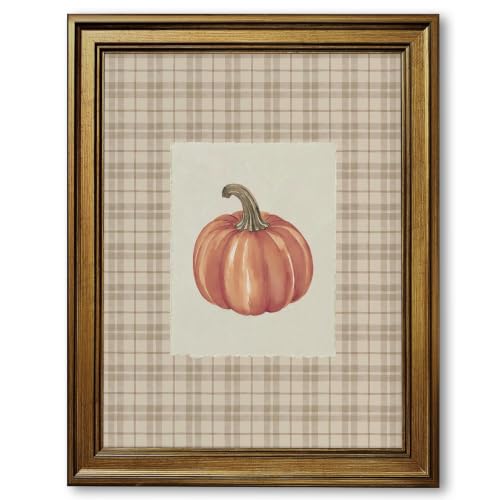 Watercolor Pumpkin Wall Art Prints with Retro Gold Frame - 8x10 Inch Fall Decor