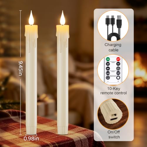 Ivory Rechargeable Flameless Taper Candles Set of 6 with Remote