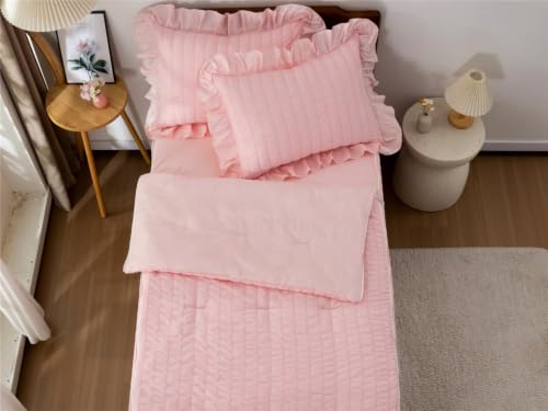 Pink Seersucker Zipper Bedding Set for Girls Twin - Farmhouse Comforter