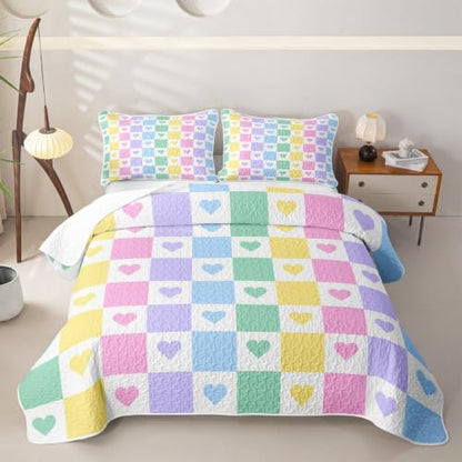 Colorful Heart Quilt Set King Size 3pcs with Pillow Shams - Geometric Patchwork