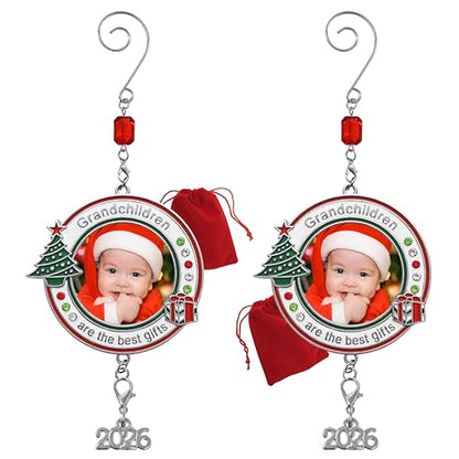 Grandchildren Photo Christmas Ornament Set of 2 with 2026 Charm - Red, White & Green Enamel with Jeweled Accents