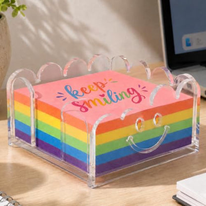 White Scalloped Acrylic Sticky Note Holder with Smile Face Cutout - 3x3 Inch Desk Organizer