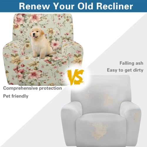 Vintage Floral Recliner Chair Covers 4-Piece Non-Slip Washable Protectors with Side Pockets