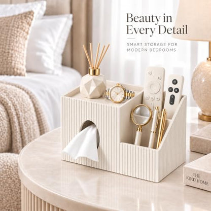 GORESE Leather Square Tissue Box Cover with Storage Tray - Ivory White