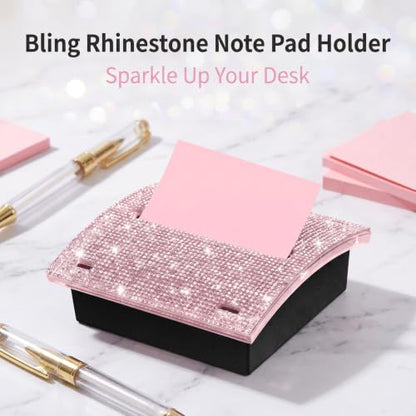 Pink Bling Rhinestone Sticky Note Holder - 4x4 Inches Desk Organizer